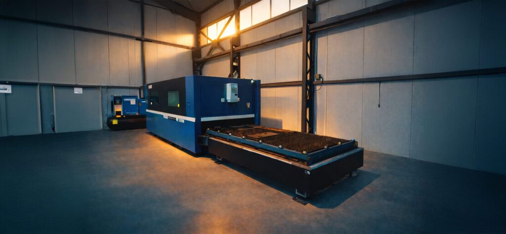 An enclosed sheet metal laser cutting machine operating in a modern production hall, equipped with a pull-out working table, ensuring precise and safe metal cutting in an industrial environment.