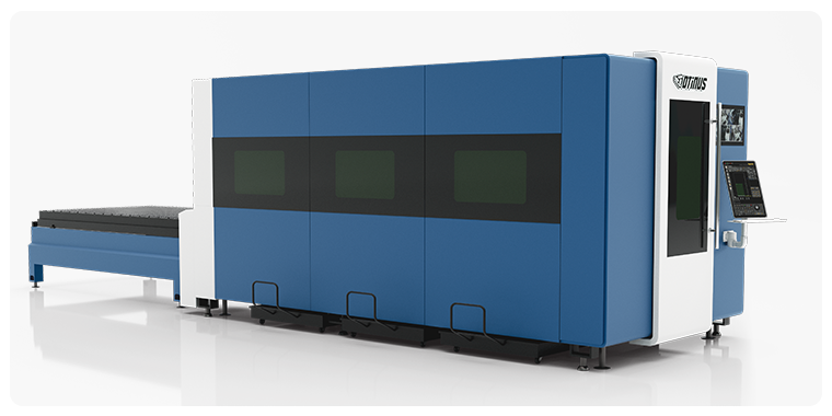 Fully enclosed Otinus CNC laser cutting machine with shuttle table and external touchscreen control panel, designed for safe, efficient, and high-precision sheet metal cutting.