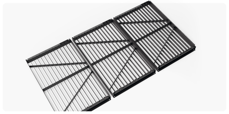 Segmented serrated cutting table for a CNC laser cutting machine, designed to support metal sheets while minimizing contact and improving cutting quality.