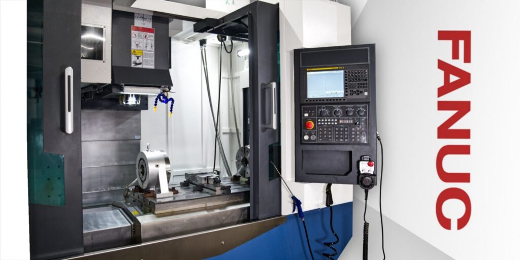 Interior of a CNC machining center featuring a FANUC control panel, precision worktable, and enclosed workspace designed for accurate and automated milling operations.